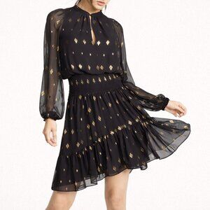 A.L.C. Sidney Silk Dress Black Gold Metallic Smocked Waist Long Sleeve Size 4